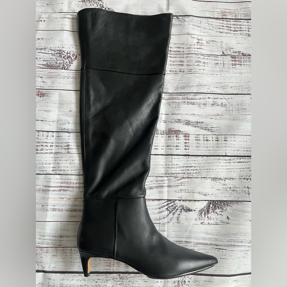 VINCE CAMUTO lana Over the Knee Leather Boot Black Gold Kitten Heel Size 9.5 NEW - Picture 7 of 14